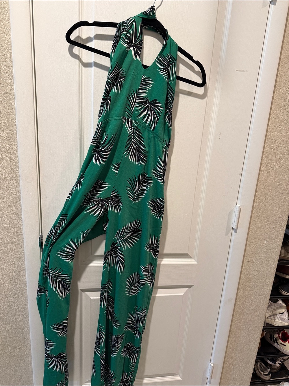 EUC Forever 21 Green Palm-Print Halter Jumpsuit